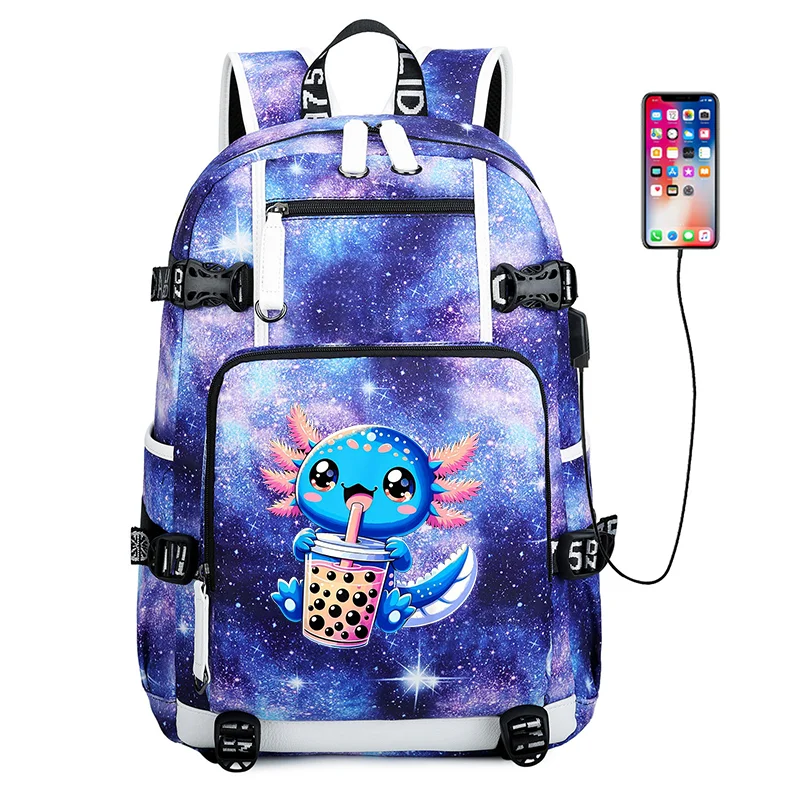 Boba Axolotl Students Backpack USB Charging SchoolBag 15.6 Inch Laptop Backpack Female Male Book Bag Back To School Bagpack Gift