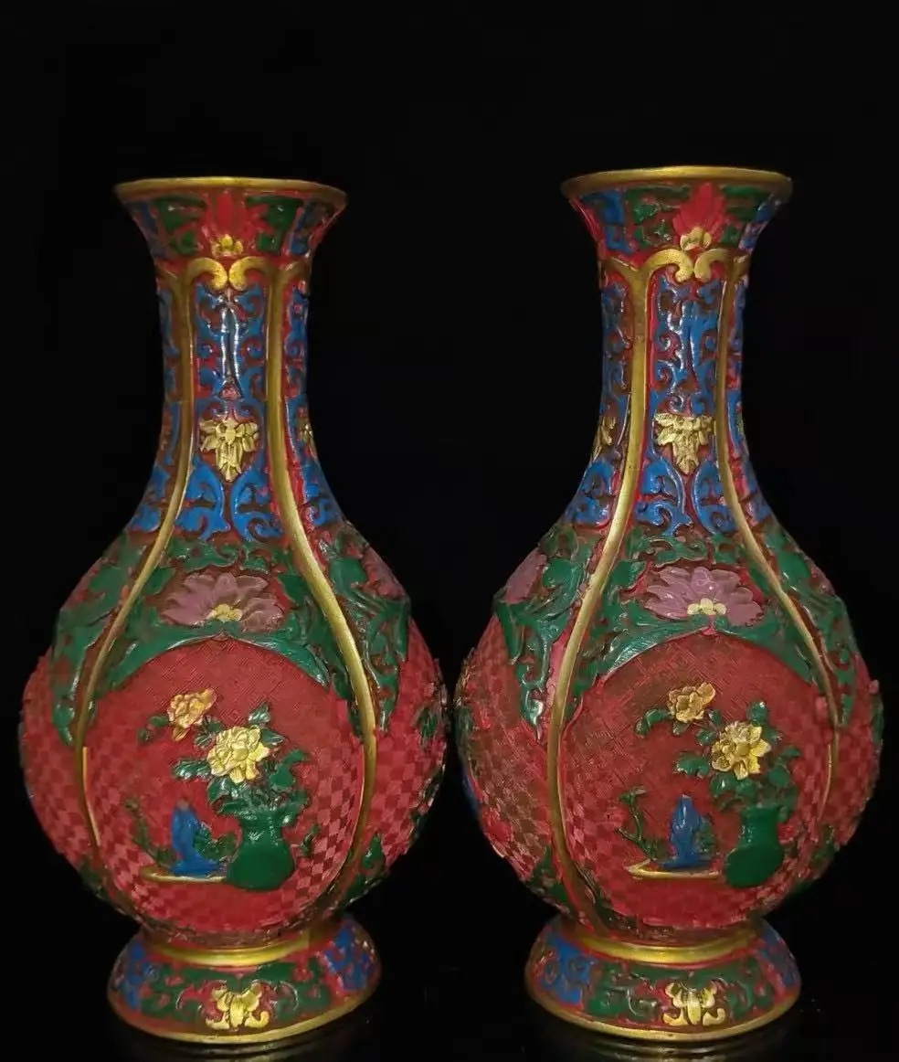 Rare Qing Dynasty old Lacquerware flower&bird vase,25cm(H),Free shipping