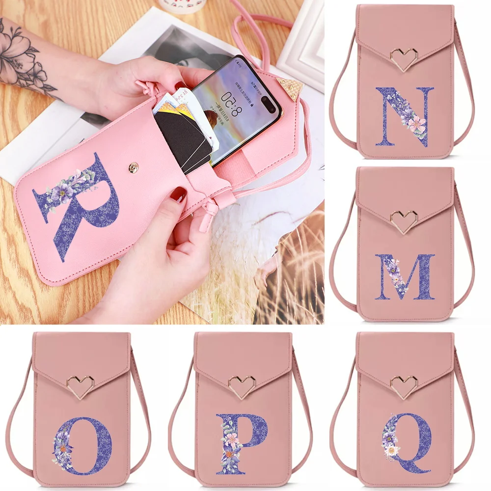 

Purple Flower Letter Pattern Mobile Phone Bag Universal Transparent Touch Screen Phone Bags Commute Women Shopping Crossbody Bag