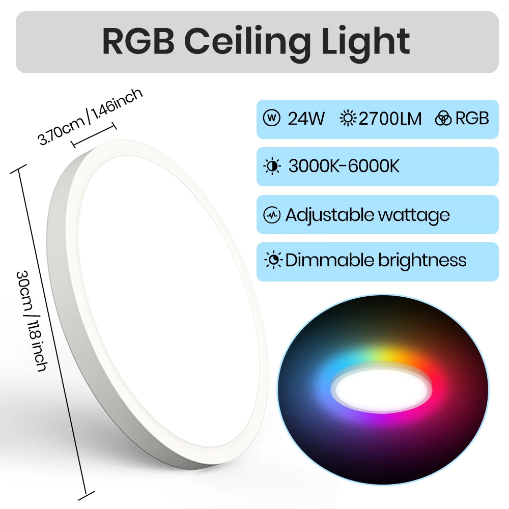 Luz de teto led regulável com controle remoto, 24w, 3840lm, rgb, 3000k-6500k, para sala de crianças, sala de estar, quarto