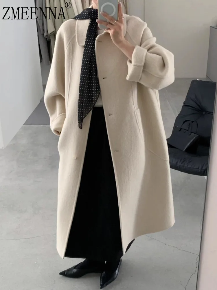 

ZMEENNA Womens Long Wool Blend Trench Coat Notch Lapel Oversized Loose Fit Elegant Winter Outerwear Style ZM4437
