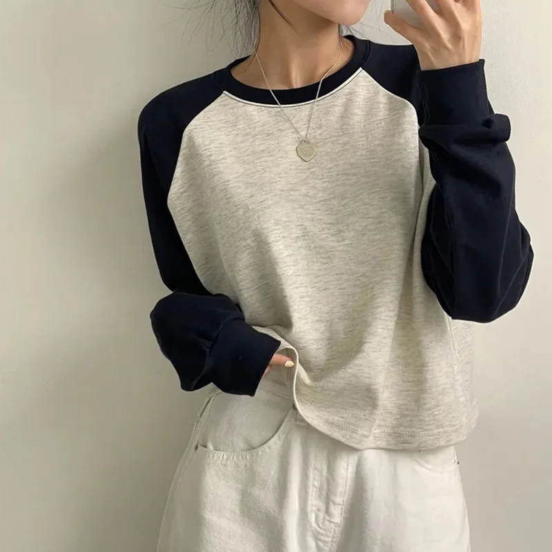 T-shirts Women Spring Cotton Korean Version Patchwork Tops Long Sleeve Sweet Loose Korean Style Leisure All-match Students