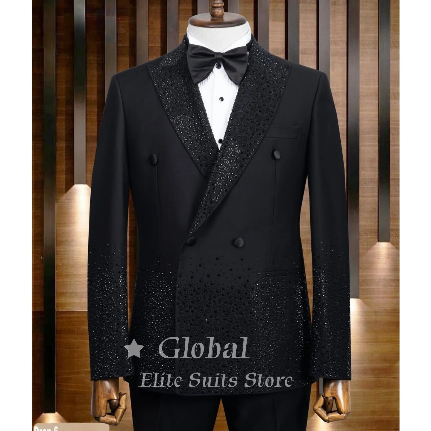 Luxury Mens Black 2 Piece Tuxedo Suit Double Breasted Shawl Lapel Gradient Rhinestone Old Money Pants Wedding Prom Customized