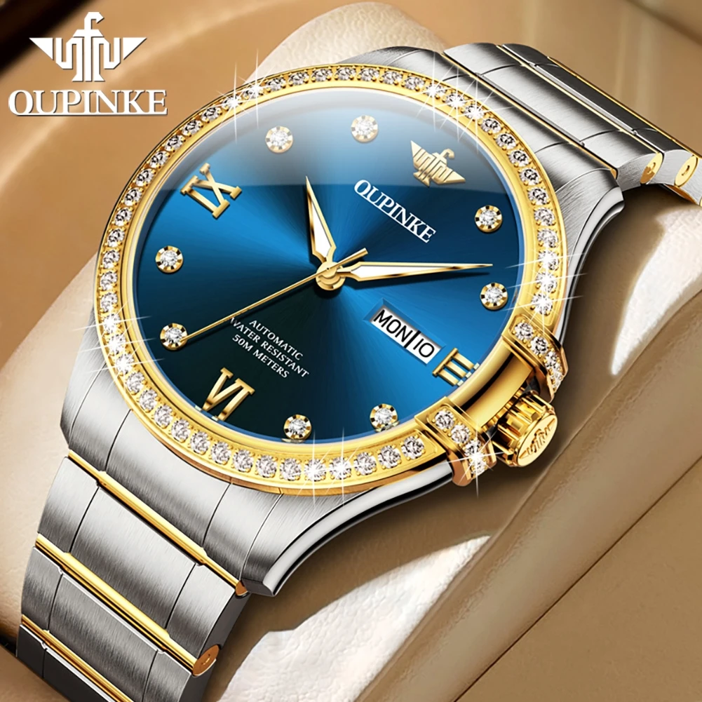 ساعات رجالية OUPINKE فاخرة من الفولاذ الناعم ساعة ميكانيكية أوتوماتيكية أصلية للرجال إطار ماسي مقاوم للماء تاريخ مضيء