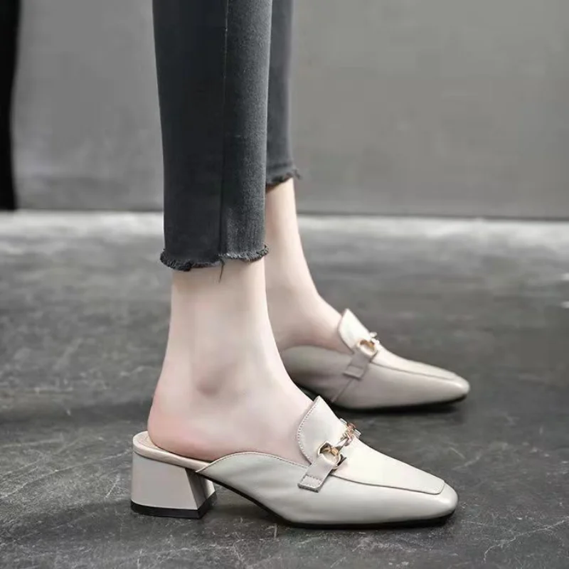 2024 High Quality Ladies Shoes Mules Women\'s High Heels Fashion Hot Sale Pumps Square Heel Solid Female Shoes High Heels