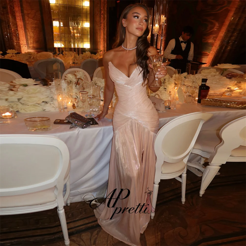 AP pretti Light Pink V-Neck Draped Shining Evening Gown Dress Side High Slit Wedding Party Dress Customized Reception Dress ﻿