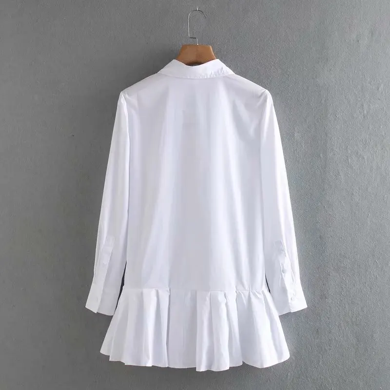 2020 New women solid color hem pleated white mini dress elegant long sleeve chic vestidos business women clothing dresses DS3532