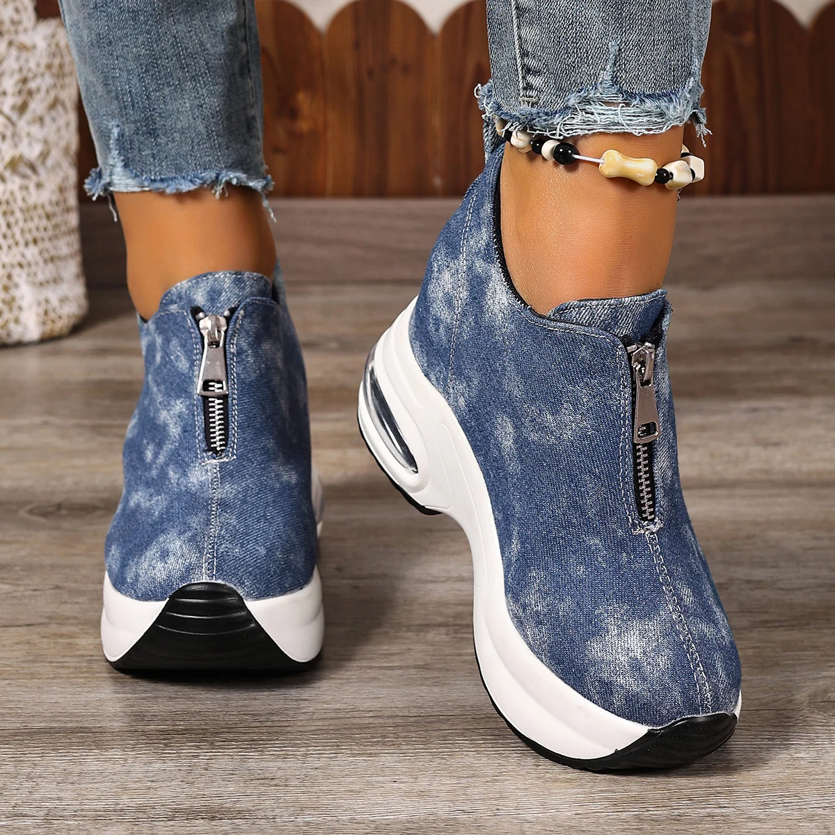 Fashion Chunky Platform Sneakers for Women Thick Bottom Casual Sports Shoes Woman Blue Denim Wedge Heel Cushion Sneakers 35-42
