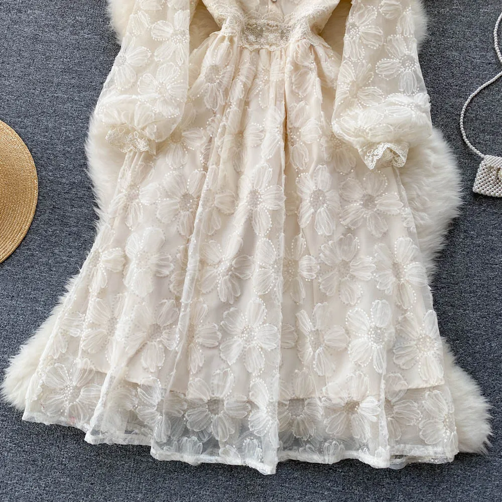 Elegant Women Lace Dress New Spring Summer Long Sleeve V Neck Fashion Dresses Female A-Line High Waist Vintage Sundress