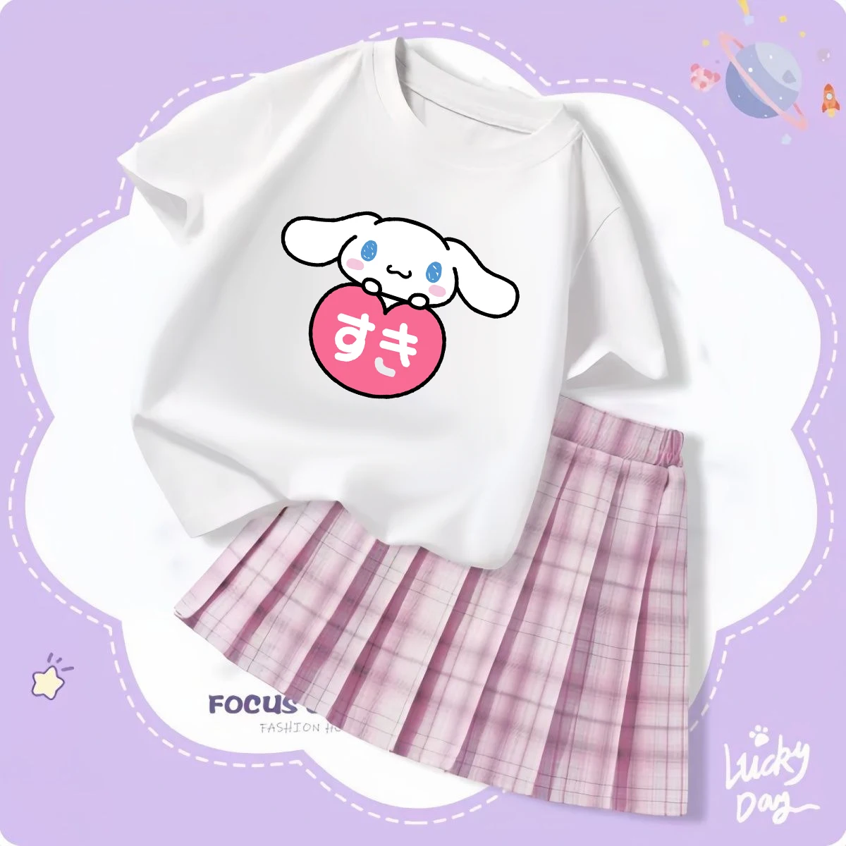 Koszulka Kawaii Sanrio Cinnamoroll Hello Kitty dziecięca spódnica słodka Kuromi moja melodia letnia dziewczyna kreskówka t-shirt Jk zestaw spódnic