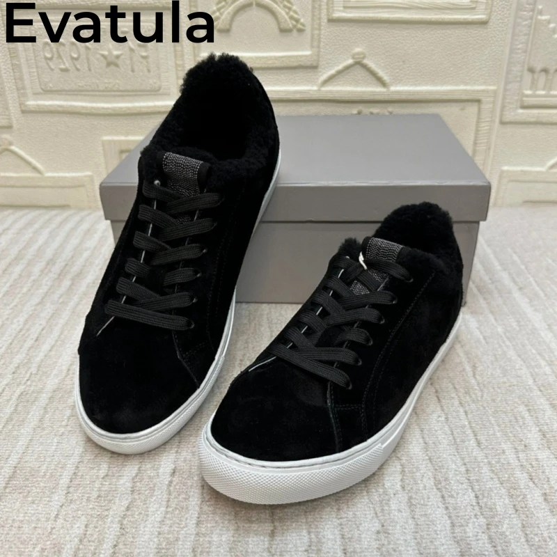 2024 Winter New Wool Lining Flat Shoes Women Suede Leather Lace Up Casual Sneakers Femme Round Toe Warm Fur Platform Shoes Mujer