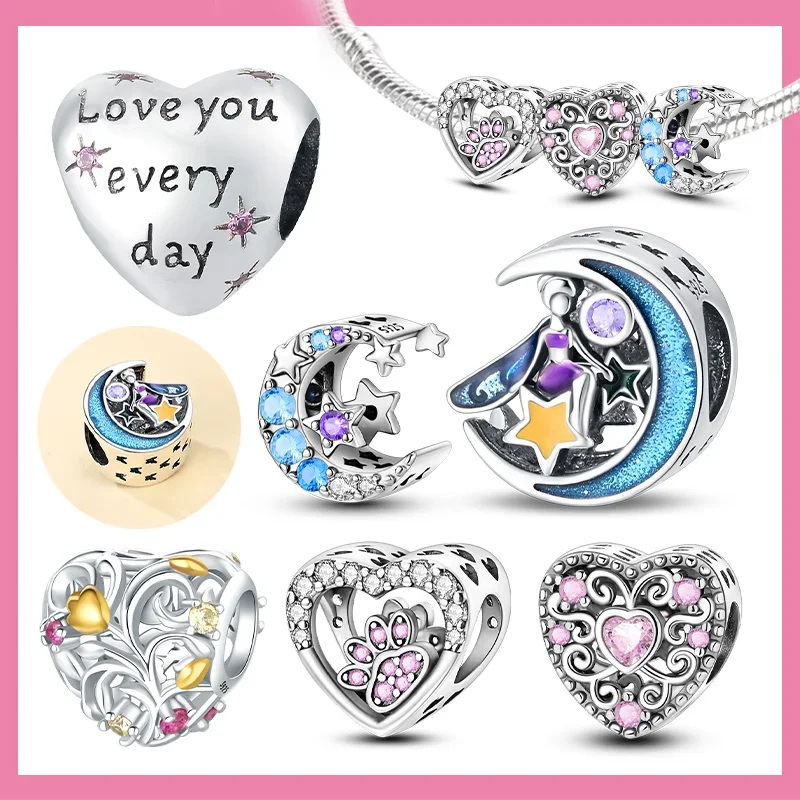 

Sterling Silver S925 Heart Flowers Charms Star Moon Love Bead Fit Original Bracelet for Women DIY Fine Jewelry Gifts