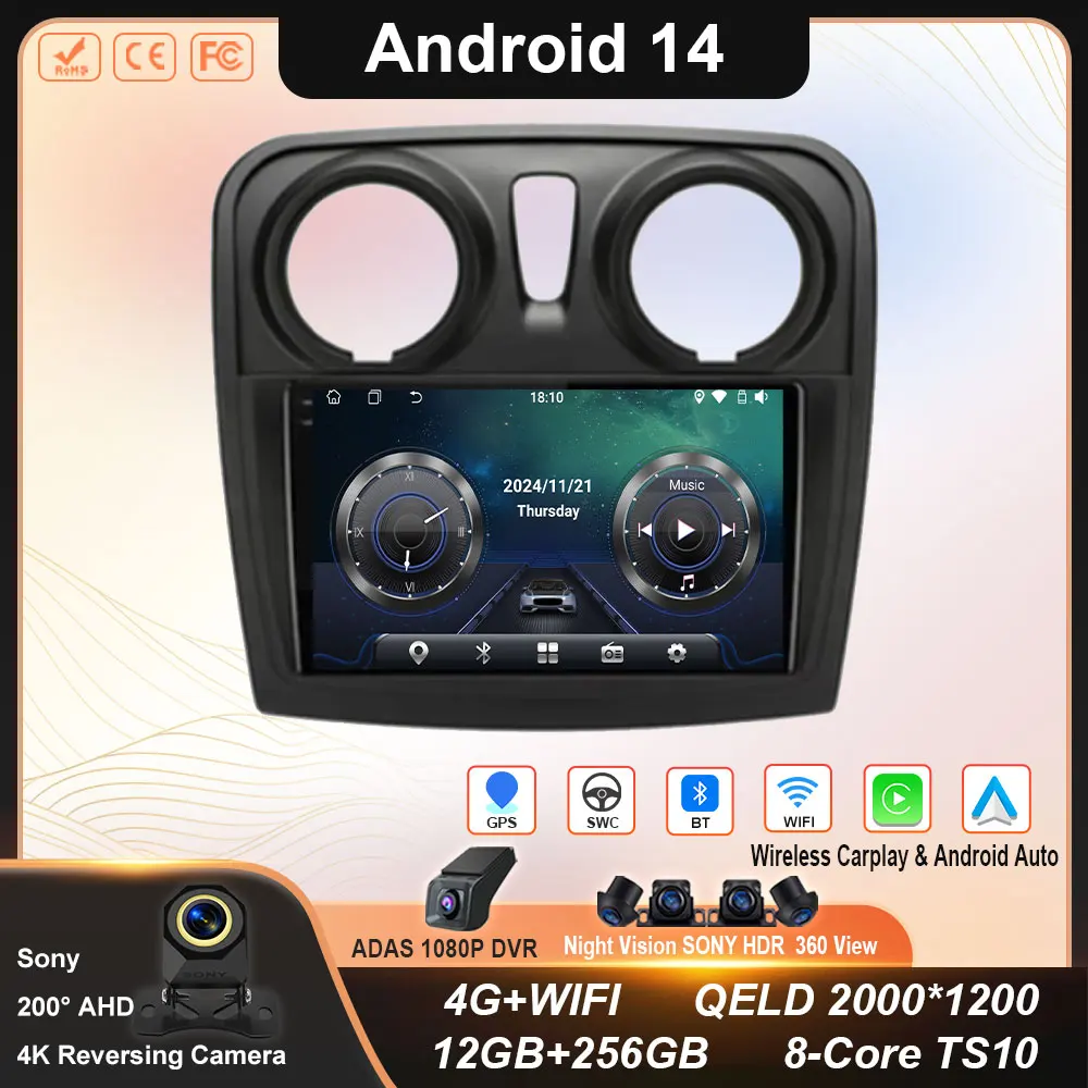 Android 14 Carplay Auto For Renault Logan 2 Sandero 2 2012 - 2016 2017 2018 2019 Car Radio Multimedia Player Stereo GPS WIFI DPS