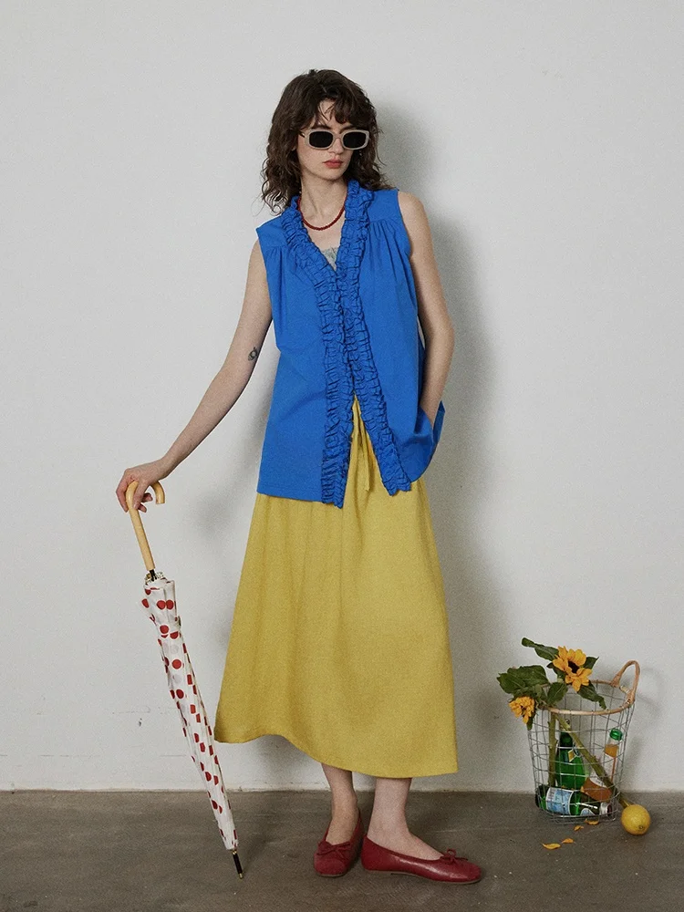 

LITLECOT Lavender Blue Floral Lace Decoration Sleeveless Vest Women's Summer New Style Hidden Button Versatile Retro Top