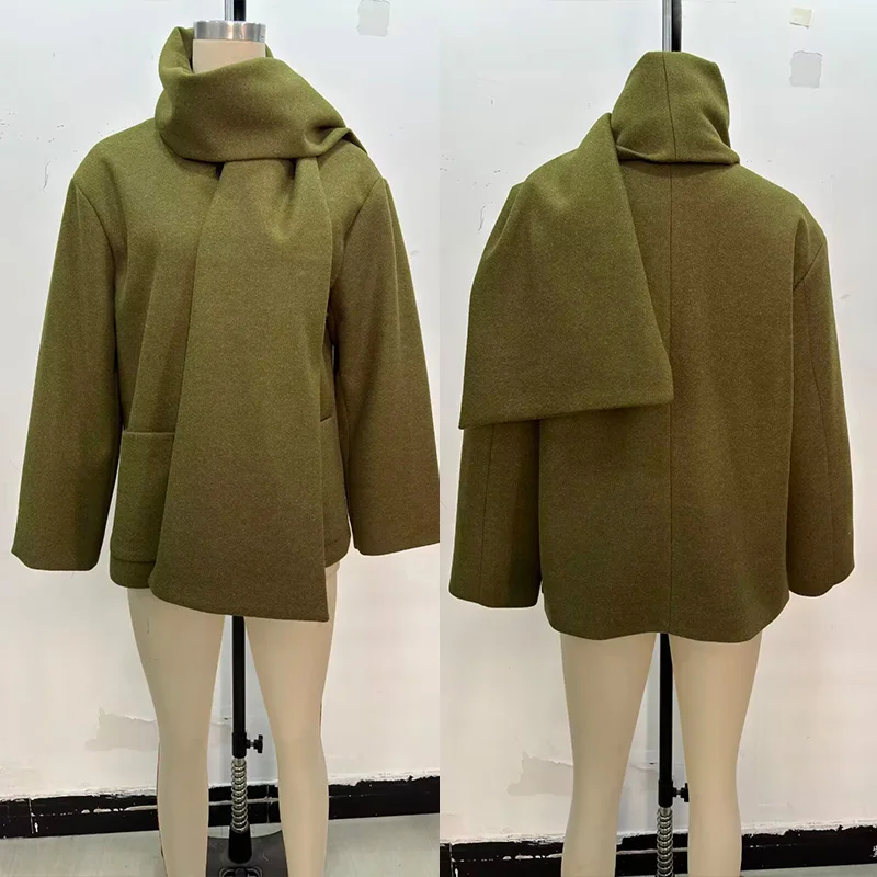 2026 Woman Thick Warm Street Woolen Outwear Women Grey Solid With Pockets Scarf Collar Green Short Chic Coat British Style