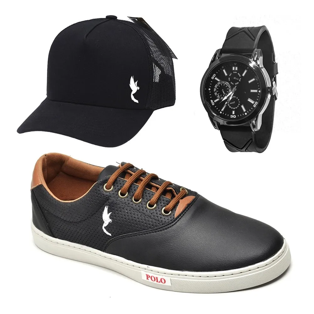 Men's Casual Polo Blu Shoes with Watch and Black Cap Kit 3 items from 37 to 46