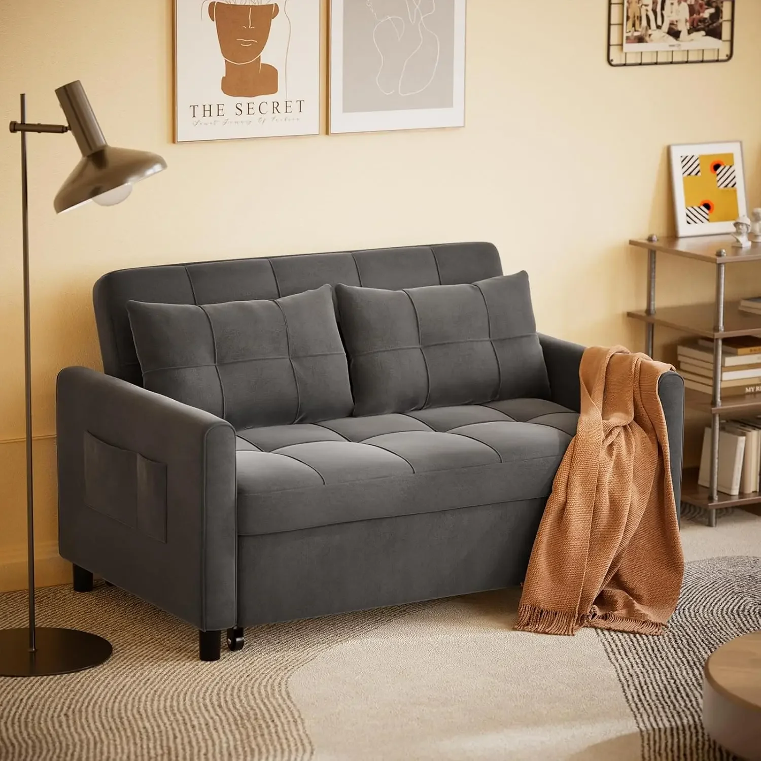 3 in 1 Velvet Sleeper Sofa Bed, 52 Inch 2-Seat Pull Out Couch for Living Room, Small Space, Convertible Loveseat with 5-Position