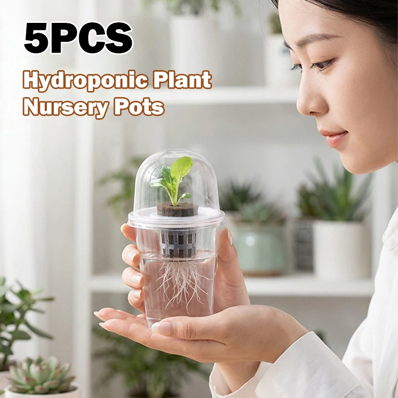 5PCS Plant Nursery Pots with Humidity Dome Transparent Plastic Hydroponic Pots for Seed Starting Gardening Pot Plant Container