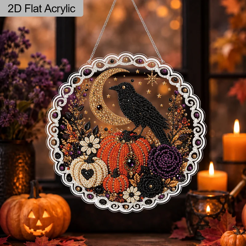 2D Flat, 1Pc 20cm/30cm Halloween Crow Pumpkin Decorative Hanging Sign, 3D Pearl Diamond Painting Suncatcher Kit with