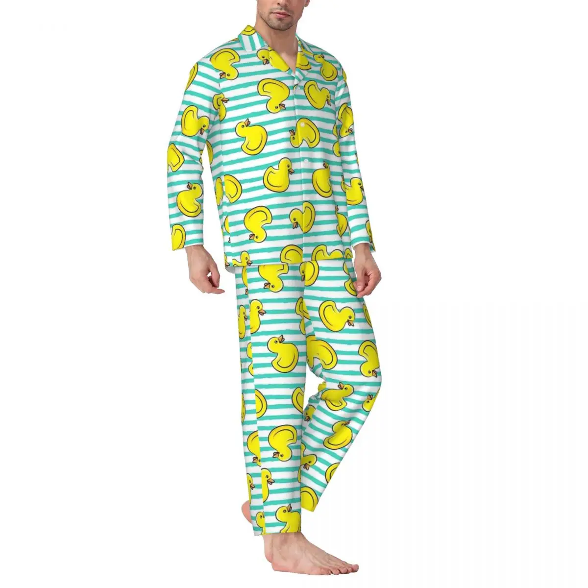 Rubber Ducks Pajama Set Cute duck bath toy Warm Sleepwear Man Long Sleeve Casual Leisure 2 Pieces Home Suit Plus Size 2XL