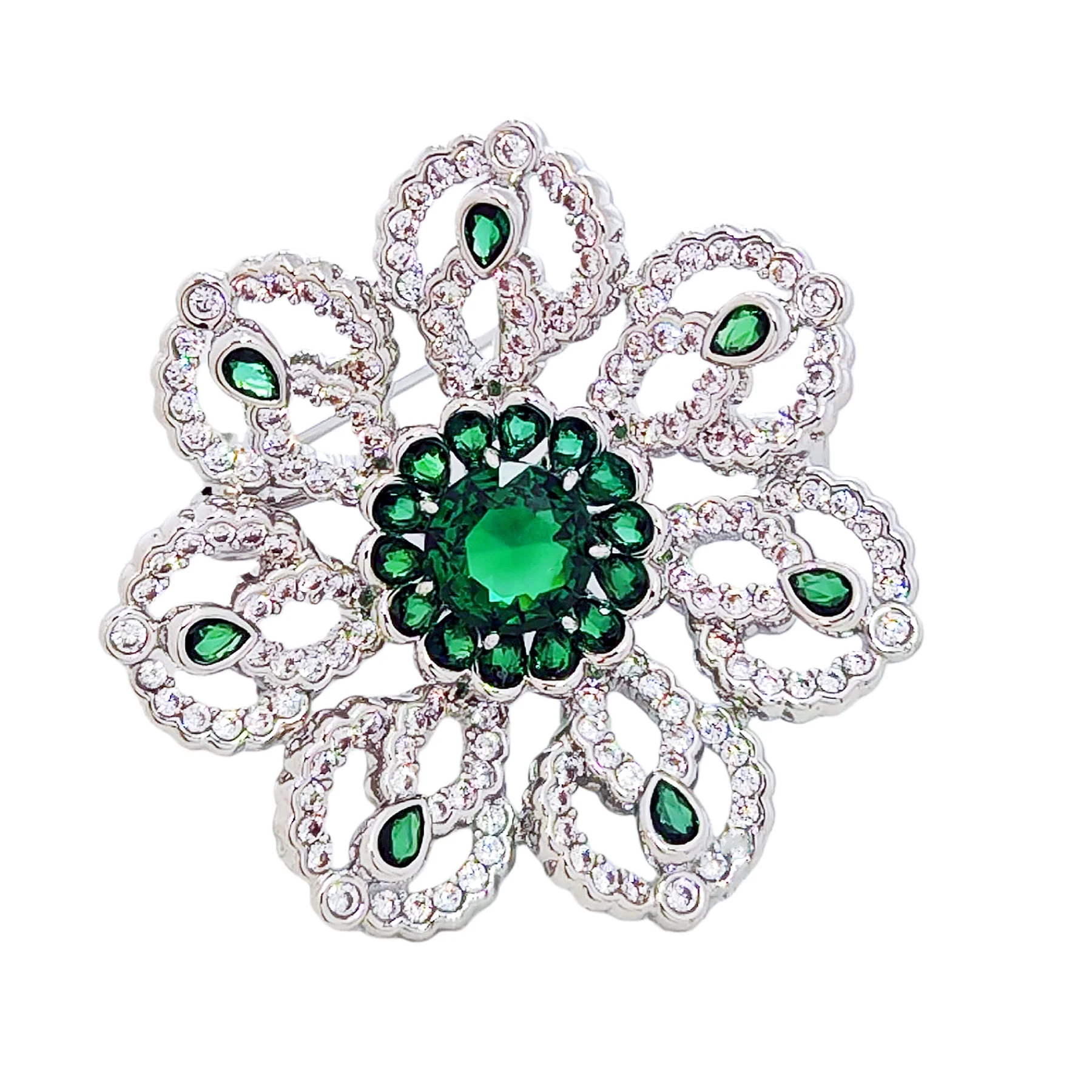 

Vintage CZ Brooch Pin with Emerald Green Center Stone, Silver Plated Floral Design with Clear and Green Stone