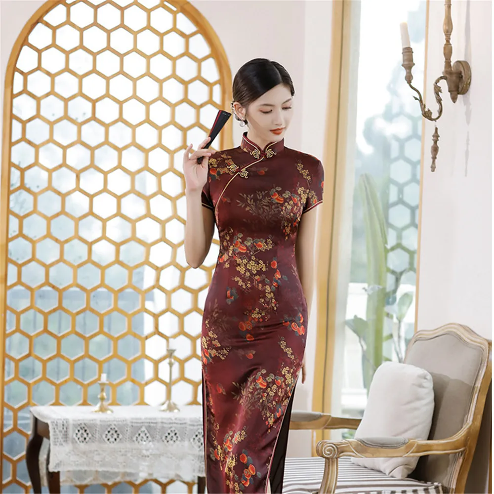 

Chinese High Split Satin Qipao Flower Mandarin Collar Cheongsam Oriental Dresses Summer Party Gown