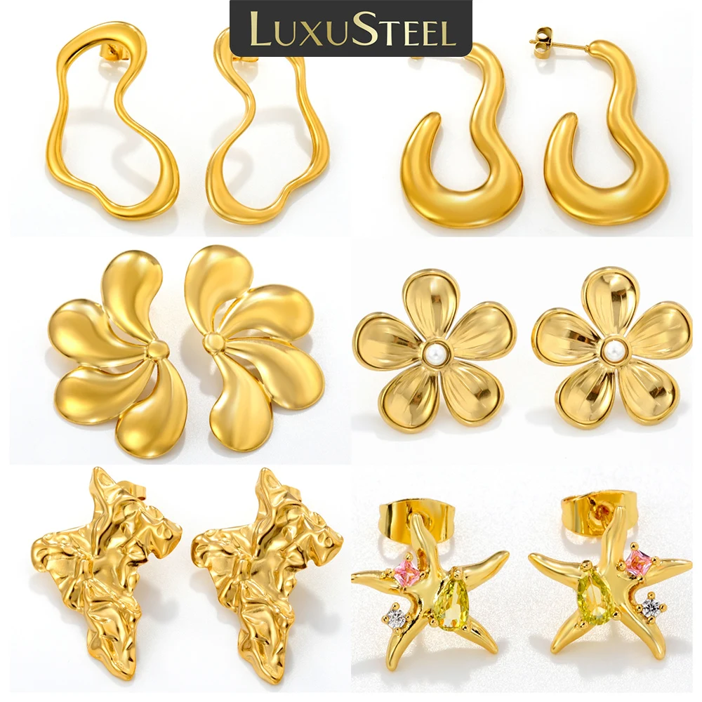 LUXUSTEEL Imitaiton Pearl Flower Earring Women’s Stud Earrings Stainless Steel Skeleton Female Ear ring Irregular Jewelry Gift