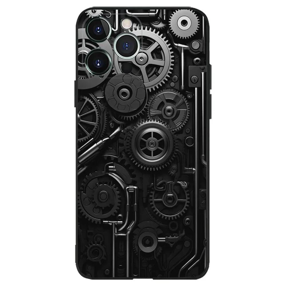 Mechanical Gear Phone Case for Apple iPhone, 13, 14,13,12,11,XS,XR,X,8,7,Pro,Max,Plus, Mini Silicone Cover Black