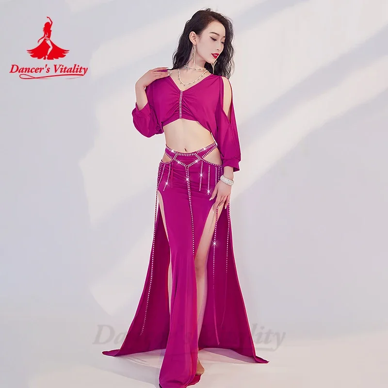 Belly Dance Performance Costume Set Women Half Sleeves Top+AB Stones Long Skirt 2pcs for Girl\'s Oriental Belly Dancing Outfit