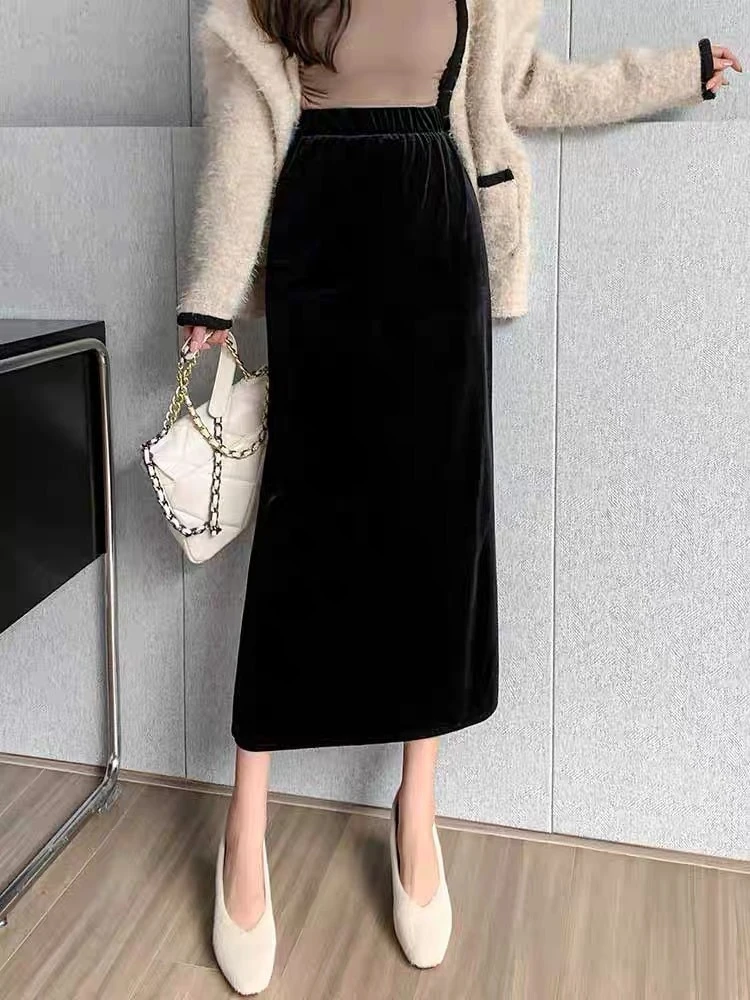 Elegant Velvet Black Long Skirts Women Autumn Winter High Waist Faldas Korean Fahion Clothing Office Ladies Bodycon Midi Skirt