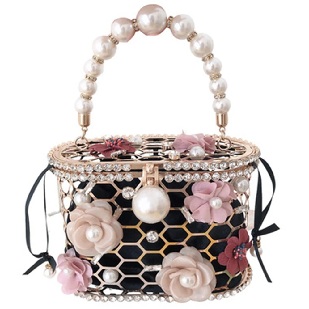 

Wedding Clutch Purse Elegant Flower Pearl Handbag for Women Evening Bag Rhinestone Metal Hollow Party Bucket