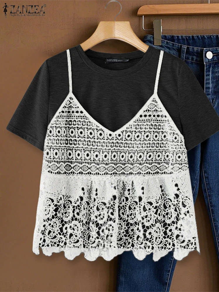 ZANZEA النساء تي شيرت الصيف بلايز 2025 موضة قصيرة الأكمام الدانتيل تونك وهمية قطعتين تيز عادية فضفاض المرقعة الحلو القمصان