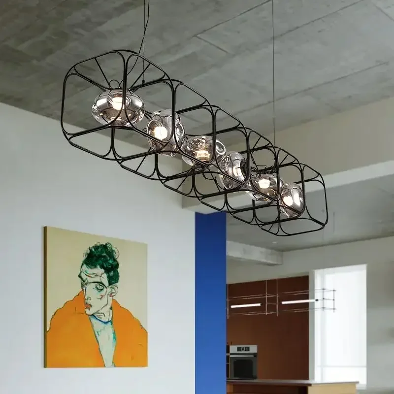 Retro LED Chandelier Black Geometric Hanging Lamp with Grey Glass Shade Metal Frame Pendant Light for Dining Table Living Room