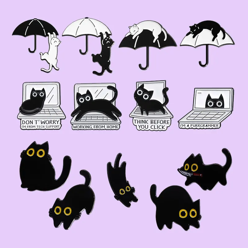 Cute black kitten themed enamel pin set Backpack Hat Lapel Accessories Metal Badge Halloween gifts For Friends Jewelry Wholesale