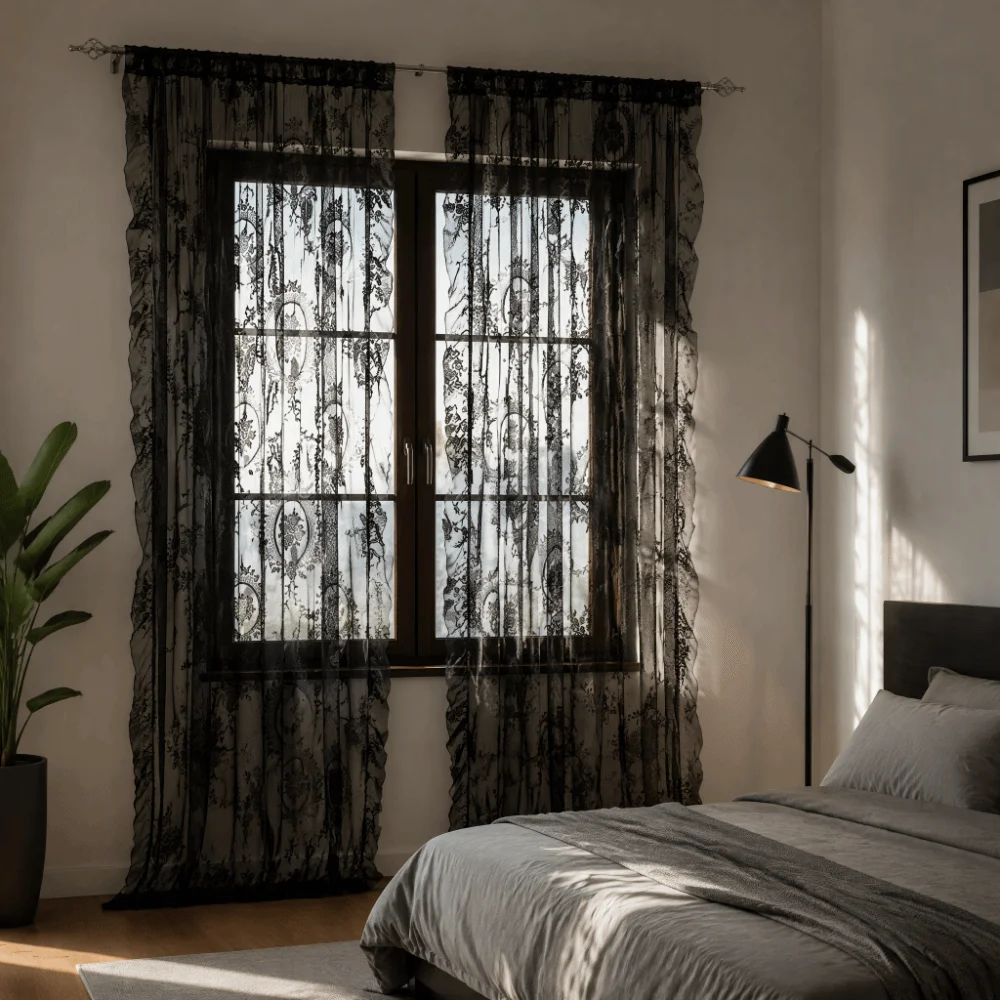 French-Style Lace Curtains Solid Color Half-Shaded Voile Curtains Ruffled Edges Window Curtains
