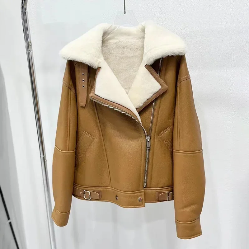 

Winter Thick Fur Shearling Jacket Genuine Sheepskin Leather Coat Lady Turn Down Collar Wool Coat Fashion Streetwear Warm