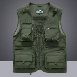 Green Summer Outdoor Vest for Men Multi-Pocket Breathable Mesh Sleeveless Jacket Male Tactical Hiking Fishing Cargo Waistcoat