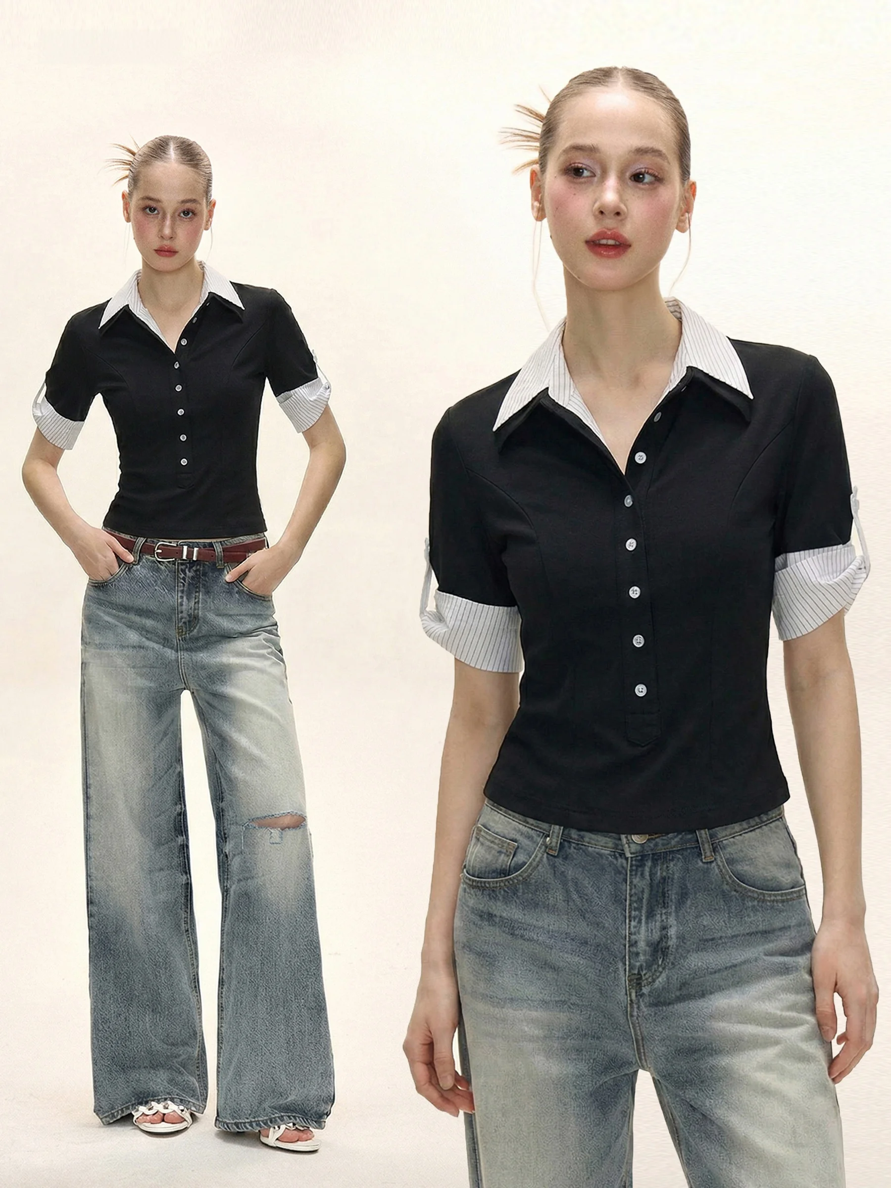 

American Style Short Sleeve Shirt Women's Summer Design Sense Waist-Cinching Collar Fake Two-Piece T-Shirt