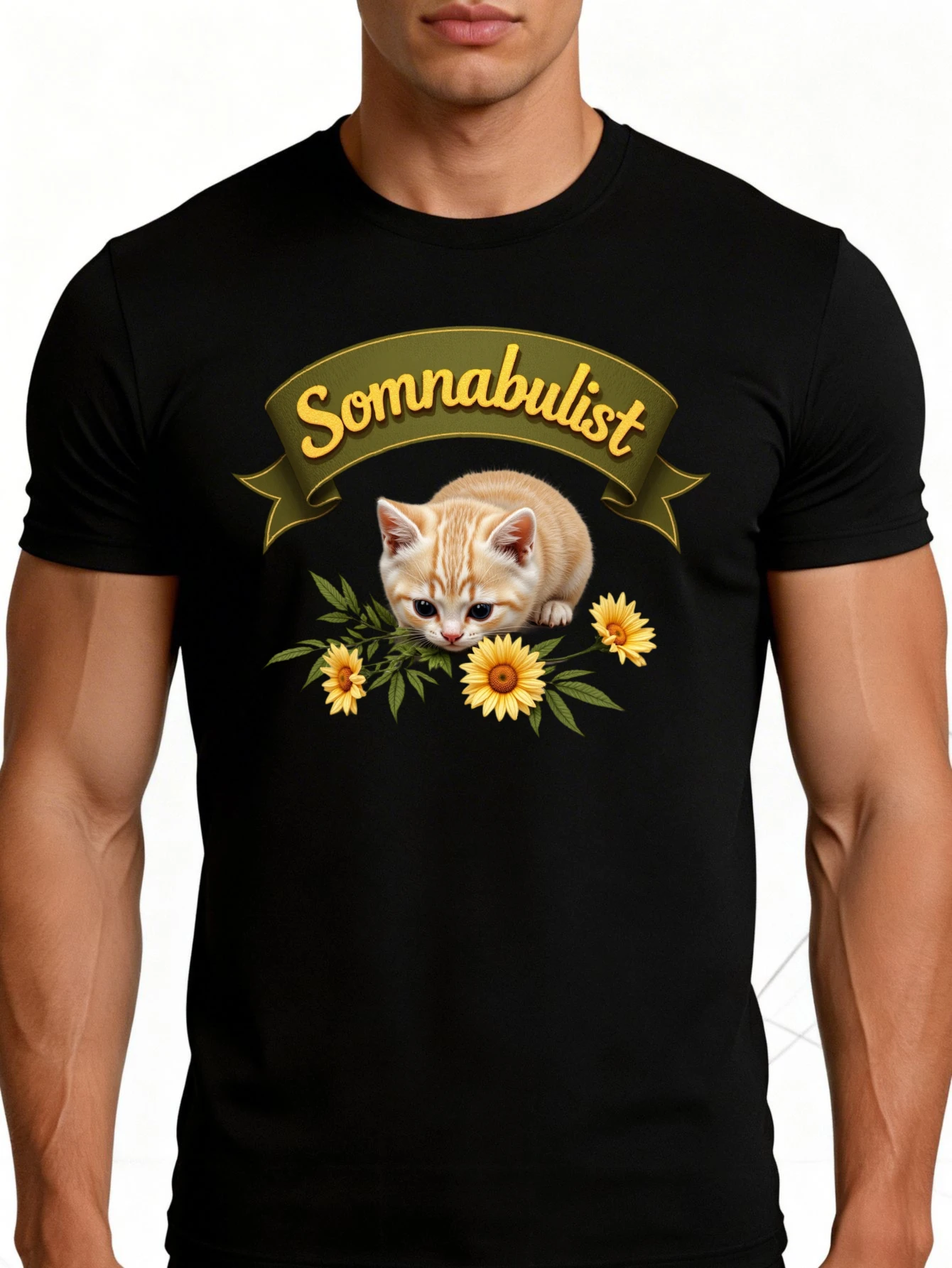 Men's Graphic T-Shirt - Breathable, Soft, Lightweight - Sleepwalking Cat Sunflower Banner Design - Vintage Fun Graphic Casual Short Sleeve Summer Top, Gift for Him