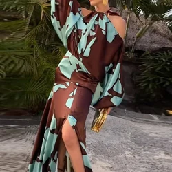 Vintage Pattern Printed Waist Bohemian Dress Sexy Hollow Out Shoulder Swing Long Dress Autumn Vintage Long Sleeved Holiday Dress
