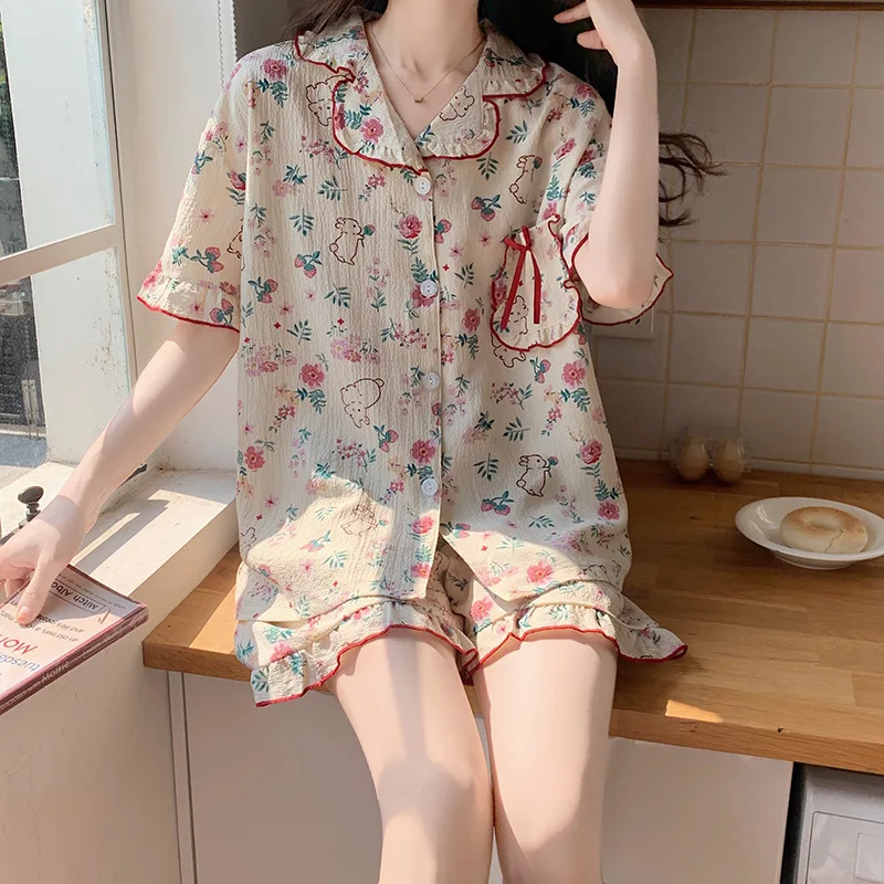 Summer Short Sleeved Shorts Korean Version Two-piece Set of Rabbit Pattern Pajamas for Women's Cute and Sweet Home Wear Pyjamas