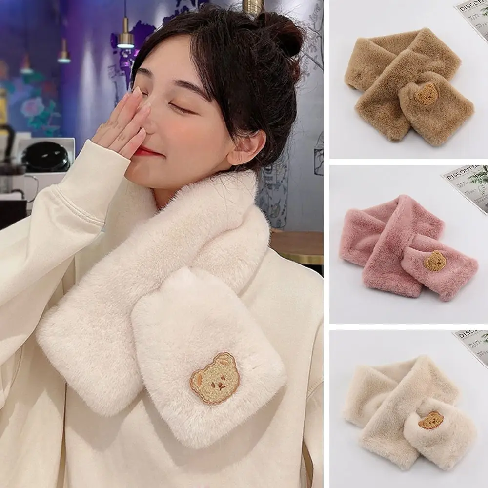 Women Winter Warm Thicken Cross Collar Scarf Cute Bear Solid Color Faux Rabbit Fur Plush Elegant Shawl Scarfs