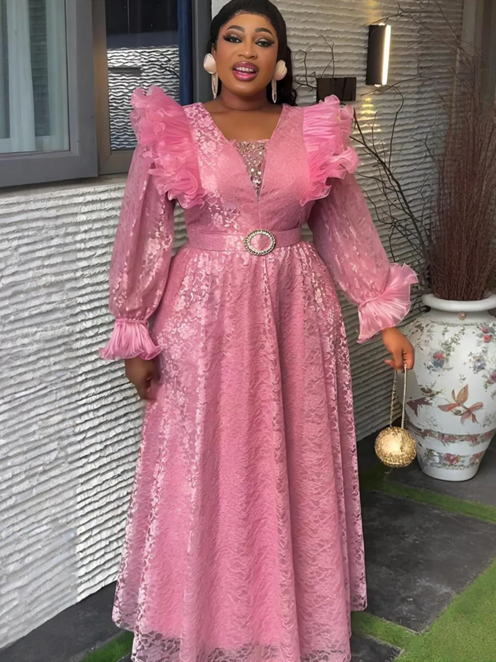 Pink Lace Dresses for Women Dashiki African Maxi Robes Elegant Long Dress Wedding Party Prom Evening Gown 2026 Africa Clothing