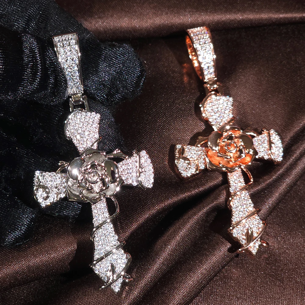 ICEC Cross Rose Cubic Zirconia Pendant Iced Out CZ Hiphop Charm Personality Necklace Matching For Rocker Rapper Fashion Gift