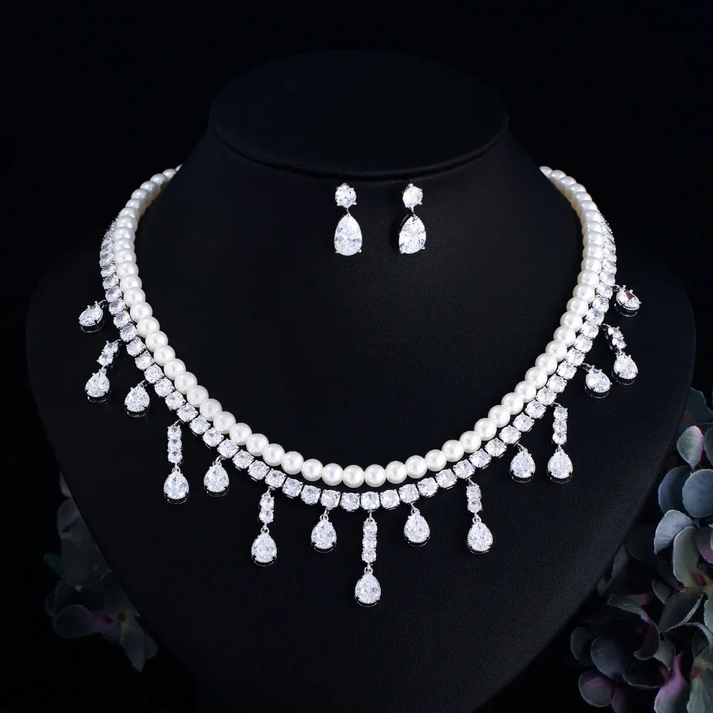 Fashion Cubic Zirconia Pearl Tassel Water Drop  Earrings Necklace Ladies Jewelry Set for Vacation Travel Bride Wedding SZT0313