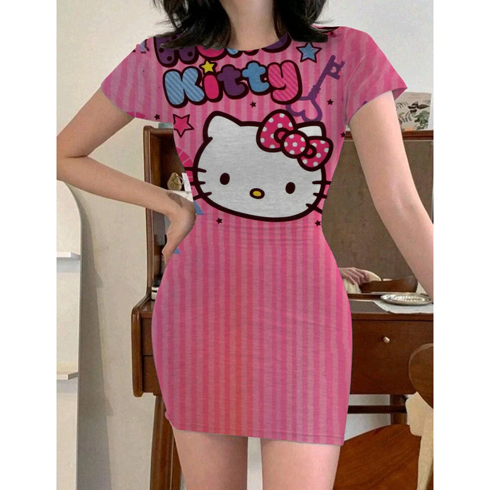 

Kawaii Hello Kitty женское платье на бедрах с короткими рукавами S-3XL с круглым вырезом Sanrio 2024, платья для молодых девушек, летние модные новые элегантные платья Y2k