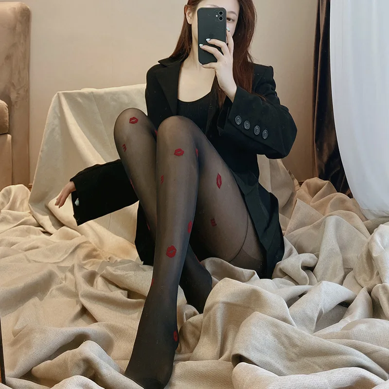 Women Sexy Lip Print Stocking Girl Flocking Tempt Ultrathin Silk Stockings Lolita Gothic Queen Tuiwa Socks Tights