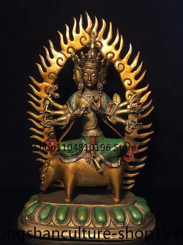 12.4'' Tibet Ancient temple bronze Gilt painted 3 Head 8 Arms Tara Buddha statue