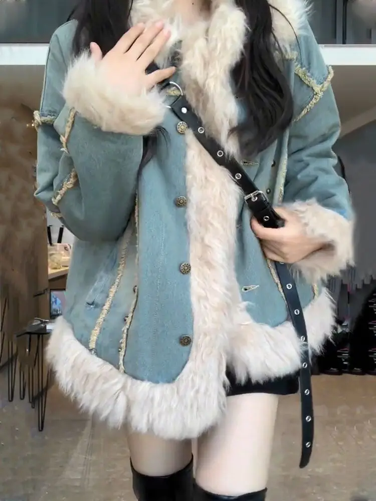 

Denim Coat With Fur And Hood Plush Womens Crossover-Season Airy Soild Cropped Preppy Style School Furry Balloon Sleeved Snap Y2K