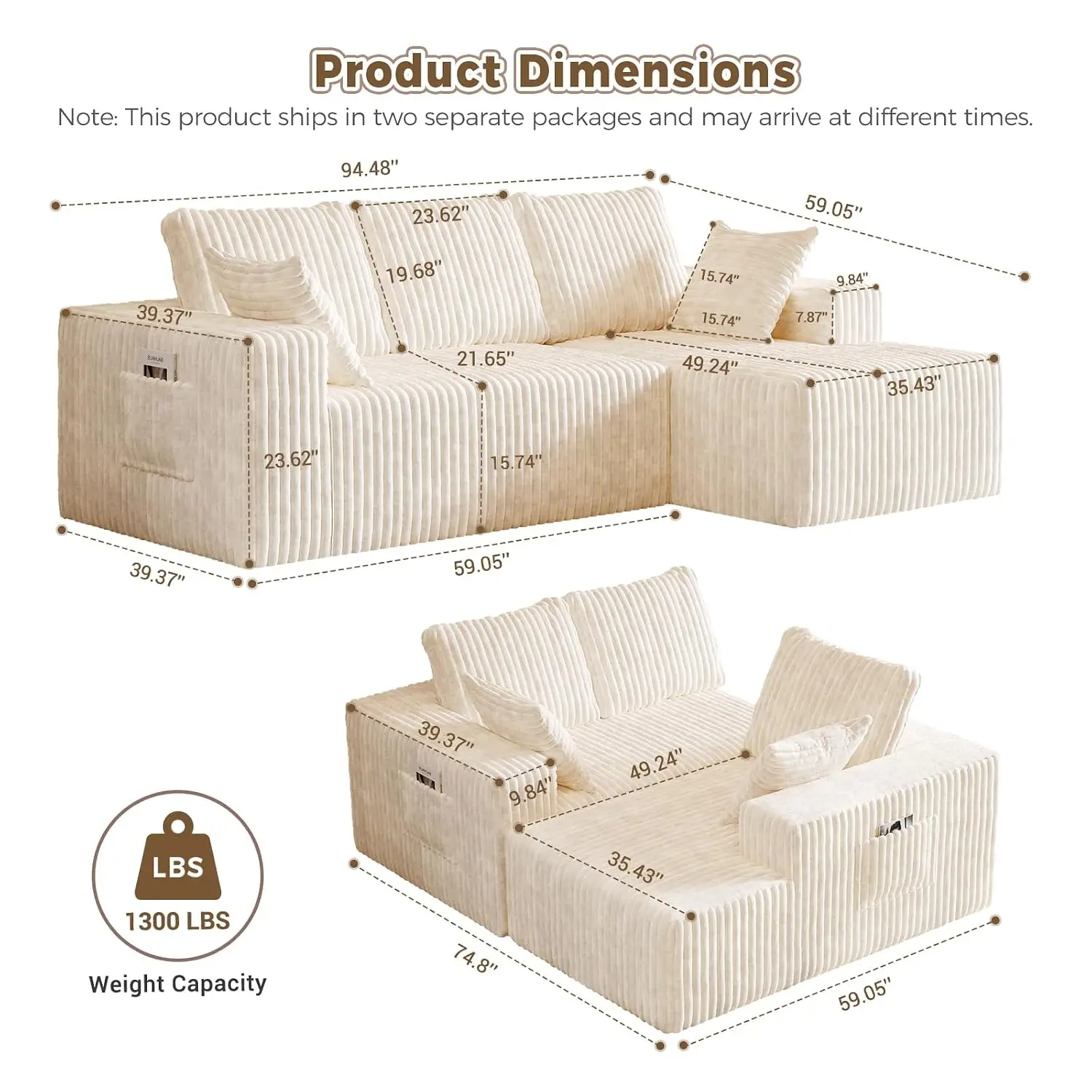 Modern L‑Shaped Modular Sectional Sofa,Boneless Design,35D Sponge & Thickened Flannel,3‑Seat,for Living Room,96", Custom